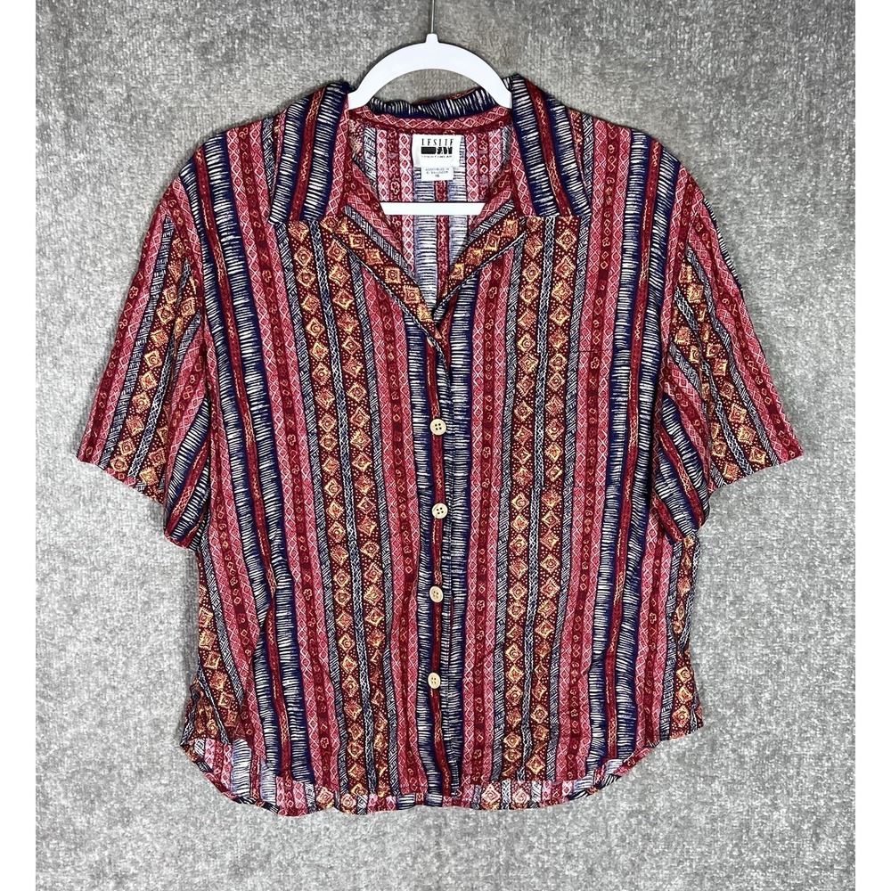 VTG Leslie Fay Sportswear Top Blouse Womens Sz 16‎ Tribal Button Up Short Sleeve